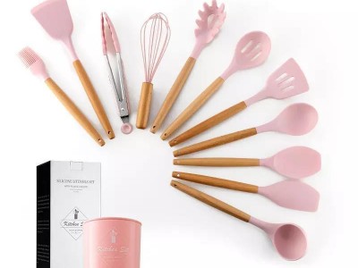 12 Piece Silicone Kitchenware Set with Wooden Handle and Storage Bucket