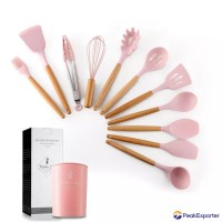 12 Piece Silicone Kitchenware Set with Wooden Handle and Storage Bucket