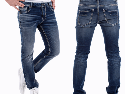 Mens stretch tapered jeans in vintage dark wash man trousers with abrasions Loos