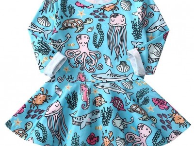 Spring Baby Little Girl Cartoon Underwater World Long-Sleeved Casual Dress
