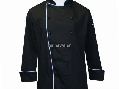 Hot-sale Traditional Black Twill w/Blue Piping/Pocket chef coat/chefs wear
