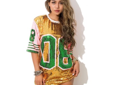 Women Summer sequin shining hip hop Sorority number 08 jerseys T-shirts