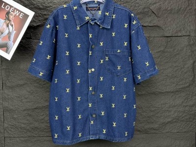 Wholesale               Embroidered Signature Short-Sleeved Denim Shirt Indigo