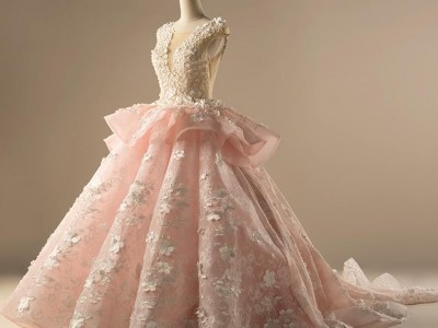 Pink Wedding Ball Gown Tulle Beaded Sheer 3D Flower Bridal Wedding Gowns WH8
