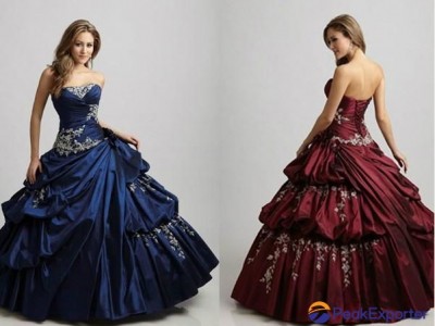 Strapless Applique Beaded Ruffled BlueTaffte Quincenera Dress Ball Gown Q303