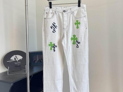 Latest Hot  Chrome Hearts Green & Leopard Cross Patch Jeans Black Fashion Denim