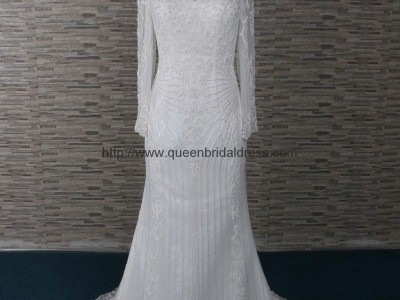 The top of quality scoop neckline wedding dress with long sleeve