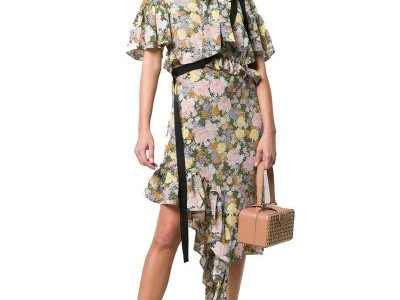Ruffle Sleeve Asymmetrical Hem Flounce Floral Printed Midi Shirt Dress with Butt
