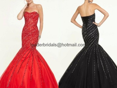 Sweetheart Beads Prom Dresses Red Black Sequins Tulle Party Evening Gowns E364