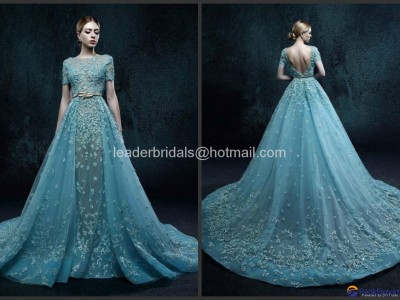 A-line 2017 Prom Dresses Blue Beads Lace Sheer Pageant Party Evening Gowns 2017