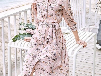 Floral print button up shirt dress with belt