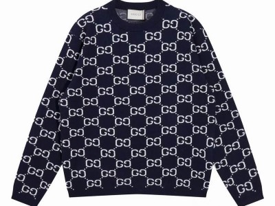 The Newest top       GG All Over Crewneck Sweater Navy wool Jacquard sweater