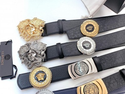 Medusa Gold Buckle Black Leather Belt men's         Leather Belt