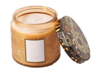 Custom coloured soy wax candle jar embossed candle vessel 100ml with floral lid