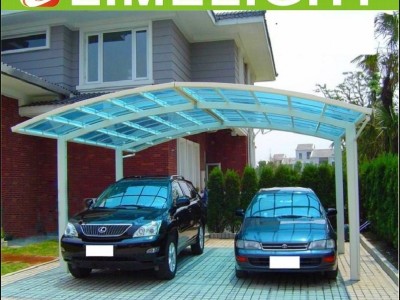 Double aluminium carport with white frame and blue polycarbonate solid roofing