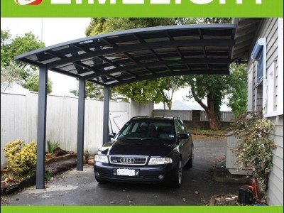 customized aluminium carport with grey frame and dark grey polycarbonate roofing