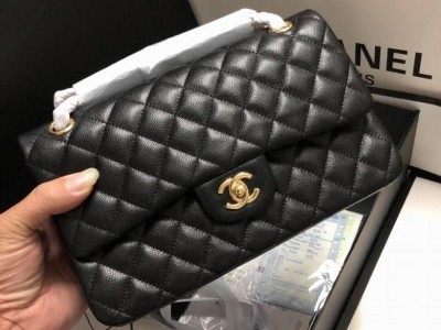 Classic Caviar Leather  Double Flap Bag Black Medium CC logo Chain Bag