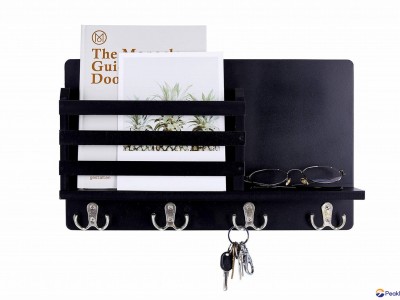 KEY & MAIL HOLDER FOR WALL - RUSTIC NATURAL PAULOWNIA WOOD, 4 DOUBLE-HOOK HANGER