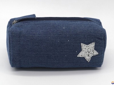 Jean made children pencil pouch with glitter star stitches on front