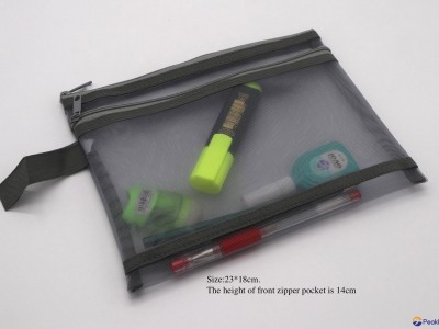 Double layers mesh made stationery zipper pouch bag grey colour
