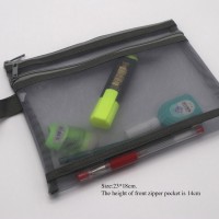Double layers mesh made stationery zipper pouch bag grey colour
