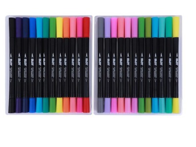 Dual Tip Fineliners & Brush Markers Pens Set, 12 Basic And 12 Bright Color Art M
