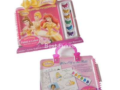 Water coloring book with brush and plastic handle