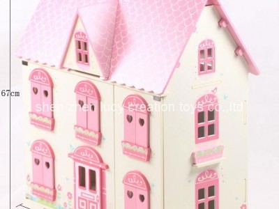 Traditional Pink Wooden Doll House with furniture