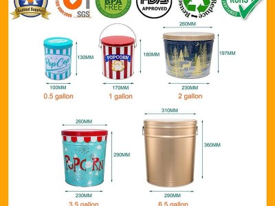Custom 0.5/1/2/3.5/6.5 Gallon Metal Bucket Popcorn Tin with Lid