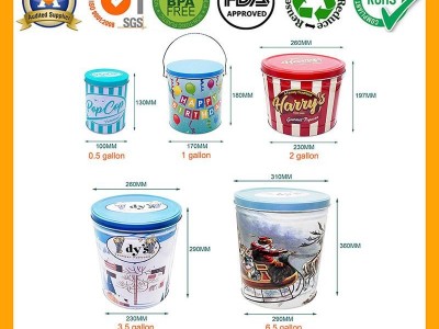Empty 0.5/1/2/3.5/6.5 gallon food container metal tin popcorn bucket