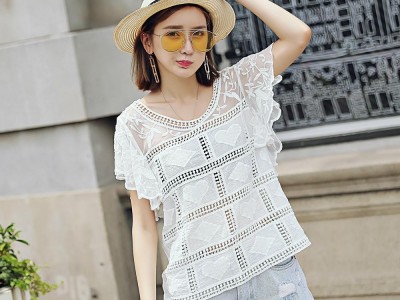 Lace Embroidered Short Sleeve Shirt Computer Embroidered Summer Lace Top Female