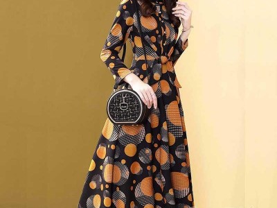 Orange And White Large Dots Small Dots Long Skirt Dress