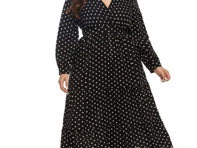 Plus Size Dresses Black Polka Dot Lantern Sleeve Large Size Dresses Summer Overs