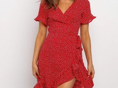 Red Sexy V Neck Floral Print Self Tie Wrap Dress Mini Dress Women Boho Ruffle