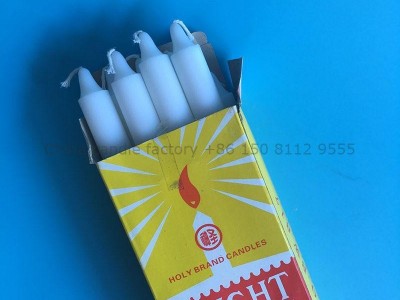 paraffin wax white bright candle with yellow box