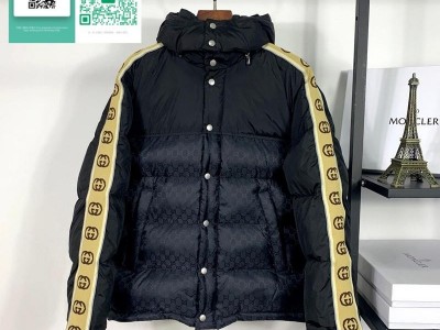 GG Jacquard Taped Sleeve Logo Down Jacket Black Men jacquard nylon padded Couple