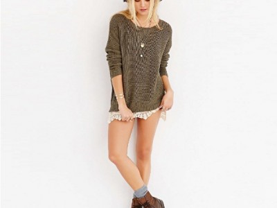 Cotton acrylic Super soft woman top as rib knit pullover sweater with hem of lac