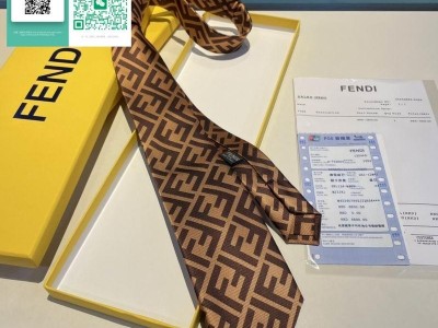 Fen di Classic Cut Monogram Print Silk Tie In Grey FF printed ties Plaid Pattern