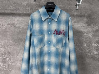 AMIRI Check Logo-Print Shirt Men long sleeve cotton t-shirt